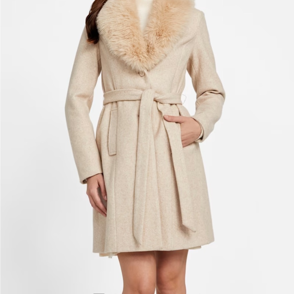 Guess Cream Trench Coat with Fur Collar